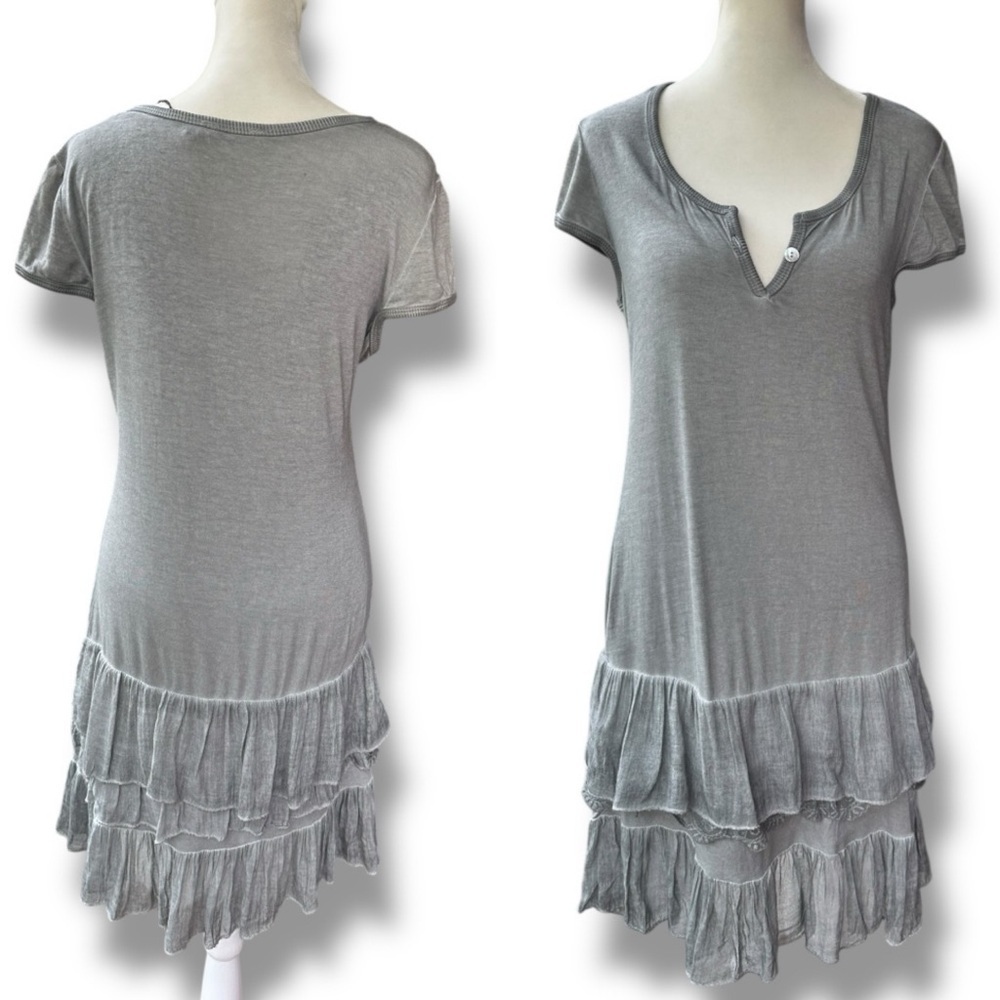 New Seduzione Gray Drop-Waist Tiered Ruffle Lace Hem Short Cap-Sleeve Mini Dress